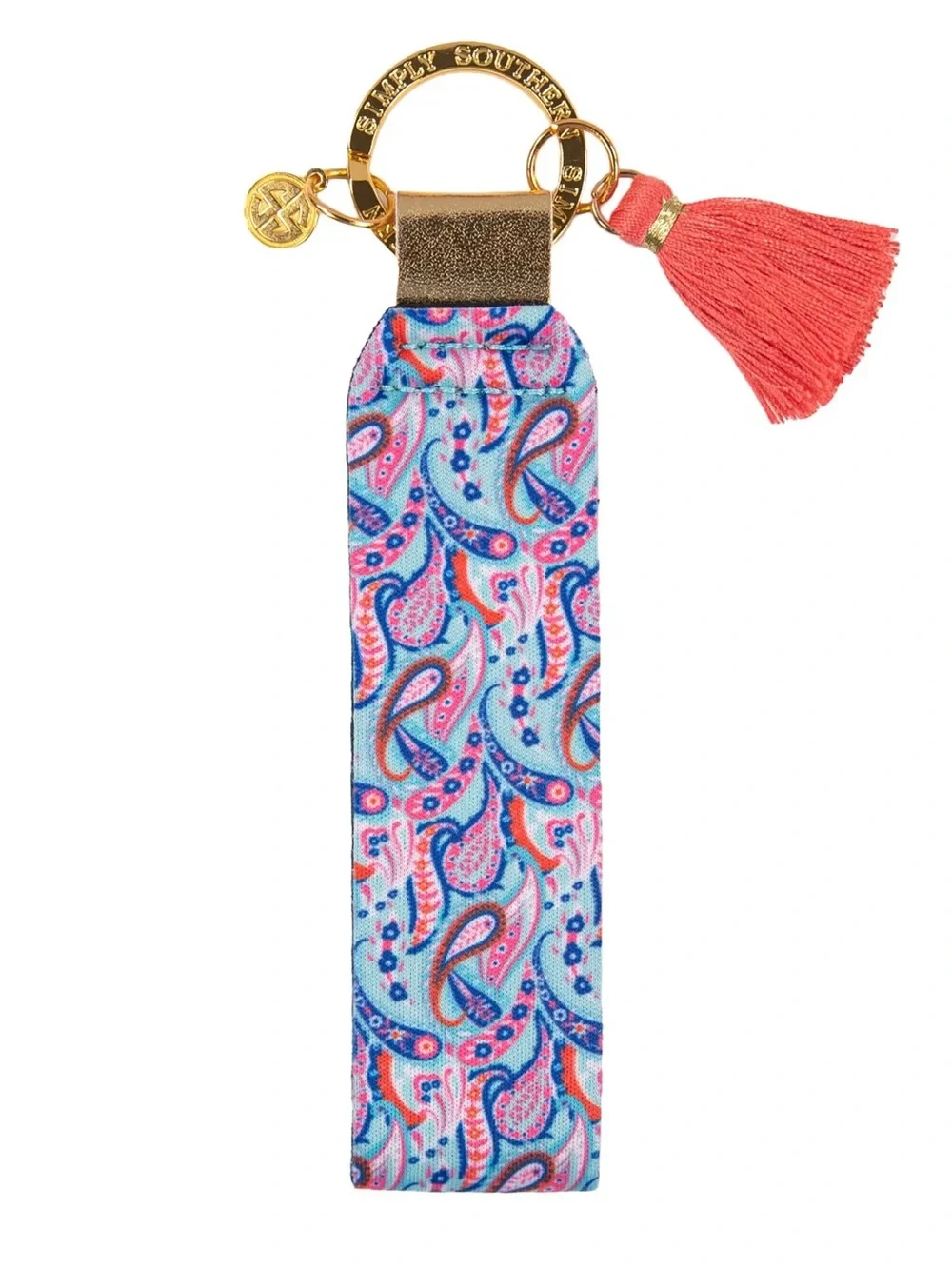 Simply Southern Blue and Pink Paisley Key Wristlet with Coral Tassel
